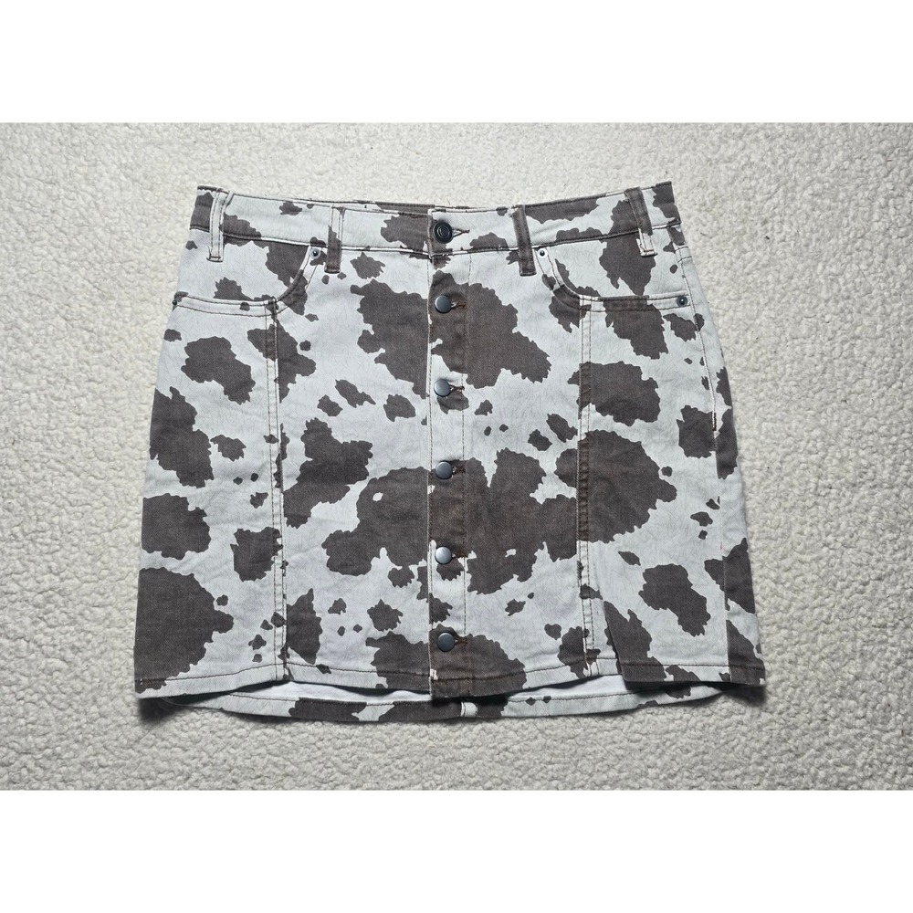 Rock & Roll Denim Womens Cow Print High Rise Button Front Mini Skirt Brown W30